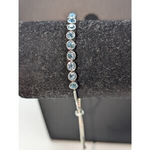 Light Blue Crystal Silver Tone Box Chain Adjustable Pull Bracelet